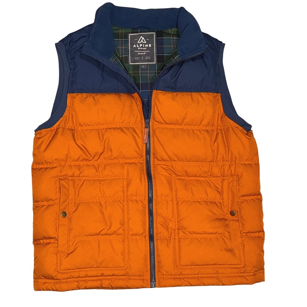 Alpine Design‎ Down Feather Puffer Vest Men's Orange Blue Full Zip Quilted Sz L